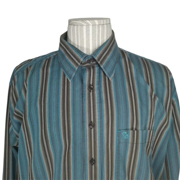 Sergio Maldini Dress Shirt, Button Down, Striped, Teal/Black/Gray, XL - Picture 2 of 9